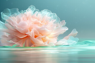 Poster - Soft, pastel petals of a fabric flower drift serenely in a tranquil turquoise environment, creating a dreamy and surreal atmosphere reminiscent of underwater beauty