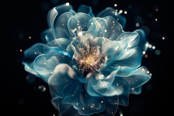 Poster - An enchanting blue flower with translucent petals radiates against a deep black background, exuding a magical glow and serene beauty that captivates the viewers imagination