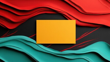 A central yellow card is surrounded by flowing red and teal shapes, creating a striking and abstract design with a harmonious color balance and bold aesthetics.