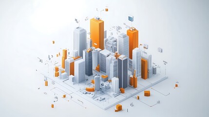 Poster - Abstract cityscape with white and orange skyscrapers connected by lines