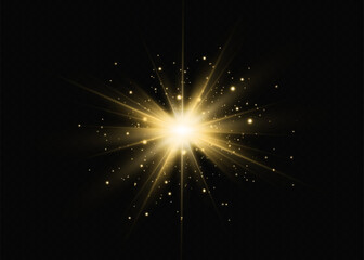 Wall Mural - light effects, glare, glitter, explosion, golden light, vector illustration. shining golden stars.