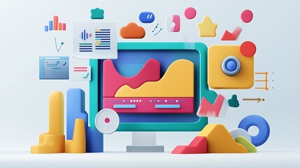Poster - Abstract 3D Render of Colorful Shapes with Data Visualization