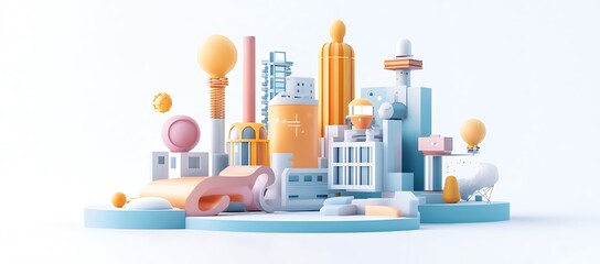 Poster - Abstract 3D Cityscape with Geometric Shapes and Bright Colors