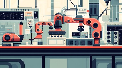 Poster - Industrial Automation with Robotic Arms and Control Panels