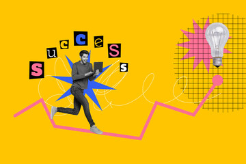 Aufkleber - Composite collage image of funny young man success create hurry business strategy electric bulb fantasy billboard comics zine minimal