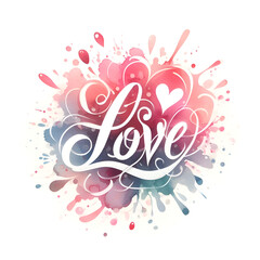 the word Love written in white on a pink and blue splash background isolated