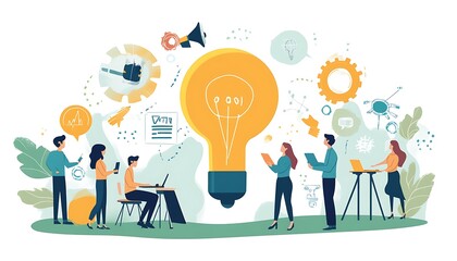 Poster - a group of diverse people collaborating around a large lightbulb, symbolizing innovation and teamwor