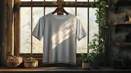 Wall Mural - a white t-shirt hangs in a window, illuminated by the warm afternoon sun