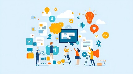 Poster - Teamwork and Innovation with Light Bulbs, Gears, and People
