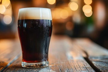 A pristine pint of dark beer resting on a rustic wooden table in a cozy pub setting