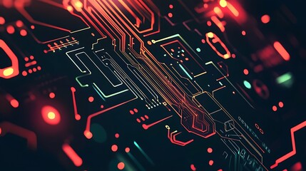 Poster - Glowing Circuit Board with Red and Green Lines