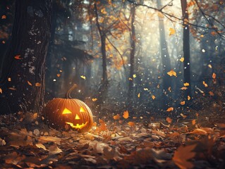 Poster - Autumn forest scene with glowing pumpkin on leaves