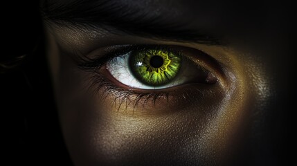 Poster - close-up of a striking green eye illuminated softly in a dark setting, showcasing intricate details 