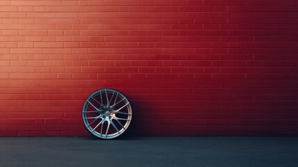 A sleek monochrome car wheel is set against a simple red brick wall, highlighting the contrast between industrial design and the minimalist background.