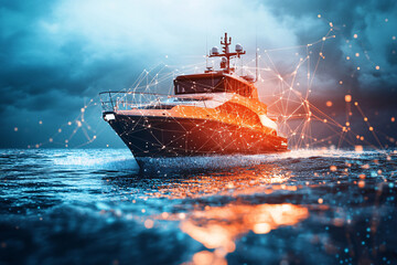 Yacht navigating the ocean at sunset, surrounded by glowing digital orange and blue networks, highlighting its modern technology and oceanic journey
