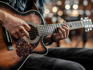 Musician Tuning Guitar in Brightly Lit Studio