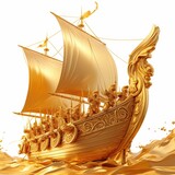 A golden ship with detailed sails and armored figures represents adventure and history, This image can be used for themes of exploration, mythology, or luxury in marketing and storytelling,