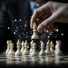 Poster - Strategic Planning Hand Maneuvering Chess King Piece with Digital Network, Concept Image