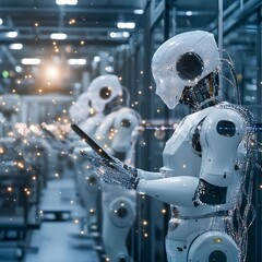 Smart factory with AI-powered robots and humans working side by side,Generative AI