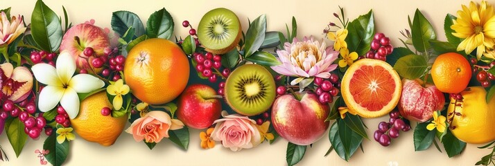 Sticker - This vibrant display features an array of fruits like oranges and kiwis along with colorful flowers, creating an inviting atmosphere. Generative AI