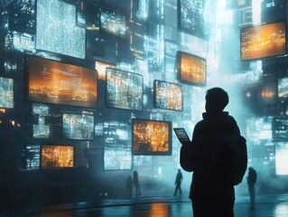 Poster - A futuristic city where holographic memory archives float around people, capturing moments from their past, sleek and high-tech design