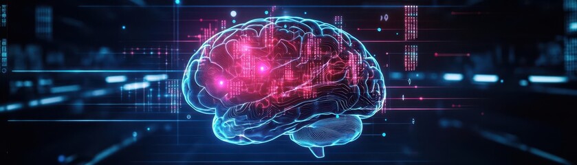 Poster - A holographic human brain projection in a dark lab, neon lights highlighting different brain areas, floating data points around, sleek futuristic 3D render