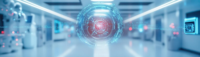 Aufkleber - Futuristic medical facility, holographic diagnostics, advanced AI technology, clean sterile atmosphere