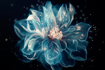 Poster - A stunning blue flower emerges, gracefully unfurling its translucent petals against an isolated black background. Sparkling particles enhance its ethereal beauty, creating a dreamlike atmosphere