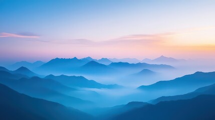 Misty mountain valley at dawn, soft morning light, serene and peaceful