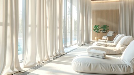 Luxurious spa interior with white lounge chairs and large windows overlooking a pool.