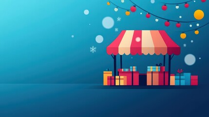 Fototapete - Winter market stand, cozy lights, flat design illustration
