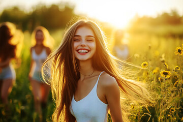 positive cheerful girl go walk with friends , picnic in the countryside; women smile and have fun outdoors during sunset or sunrise