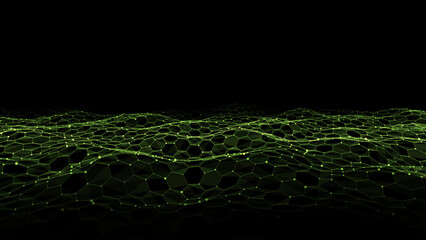 Poster - Digital technology hexagon wave. Dark cyberspace with green motion dots and lines. Vector futuristic digital background. Big data analytics.