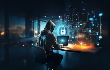 Poster - Hooded figure sitting at a desk, working on a laptop with glowing blue digital lines behind them.