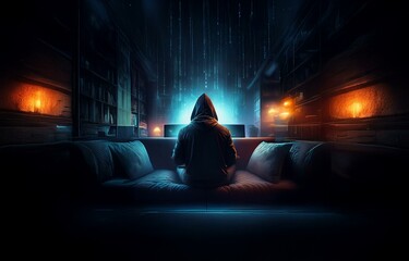 Poster - A hooded figure sits on a couch in a dark room, illuminated by a screen and lamps, with digital rain falling in the background.