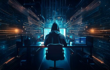 A hooded figure sits in a dark room working on a computer, surrounded by glowing lines and a futuristic background.