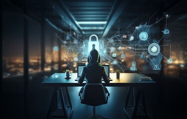 Poster - A hooded figure sits at a desk in front of a laptop, working in a dark room with glowing digital security symbols and a city skyline view out the window.