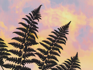 Wall Mural - fern leaves against a sky painted with the warm hues of sunset