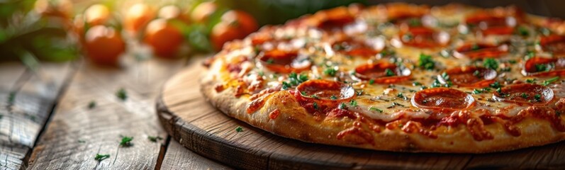 Pizza on a wooden board with tomatoes and herbs on it, national pizza day, food background, banner, copy space