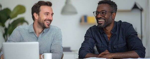 Two happy men sitting at a desk in a modern office setting, smiling confidently at the camera, showcasing teamwork and collaboration in a relaxed business atmosphere.