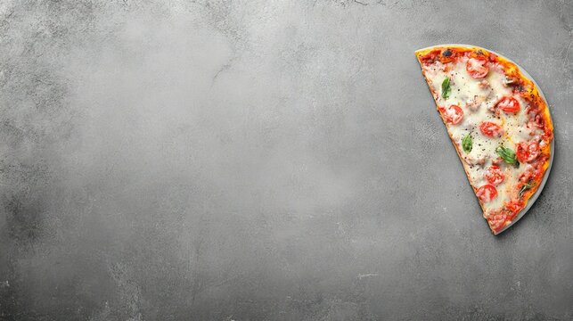 A slice of cheesy lasagna placed on a gray concrete background, highlighting the dish's colors and textures. The empty area around the plate is perfect for captions or descriptions.