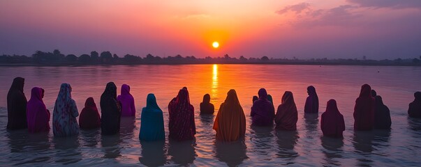 Chhath Puja in Bihar, with women standing waist-deep in the river, offering prayers to the setting and rising sun