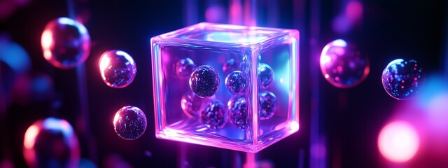 Poster - A colorful, illuminated cube surrounded by glowing spheres floats in a vibrant abstract space environment