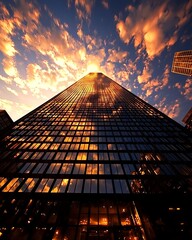 A stunning skyscraper reflecting a vibrant sunset, showcasing modern architecture against a colorful sky.