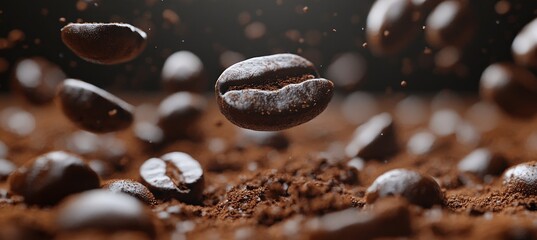 Levitating Roasted Coffee Beans Hyper Realistic Studio Product Photography On Brown Background