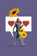 Sticker - Trend artwork composite collage of young man hold smartphone online blogging share reaction thumb like heart popular sunflower spring