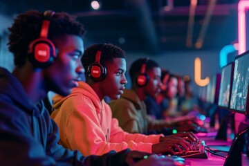 The group is made up of many different ethnicities who are focused on playing a video game on modern computers in a row