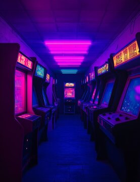 Vintage arcade video games on a purple light with glowing displays and a concrete wall - image of retro design with free copy space for a poster or magazine