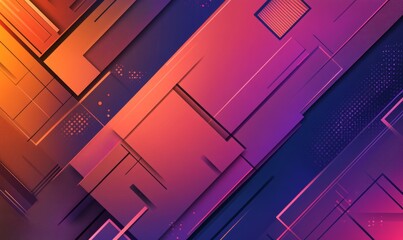 A geometric panel is set against an abstract blue purple background