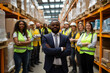 © Ignats - Diverse Group of Warehouse Workers and Manager Smiling Together in a Busy Industrial Warehouse